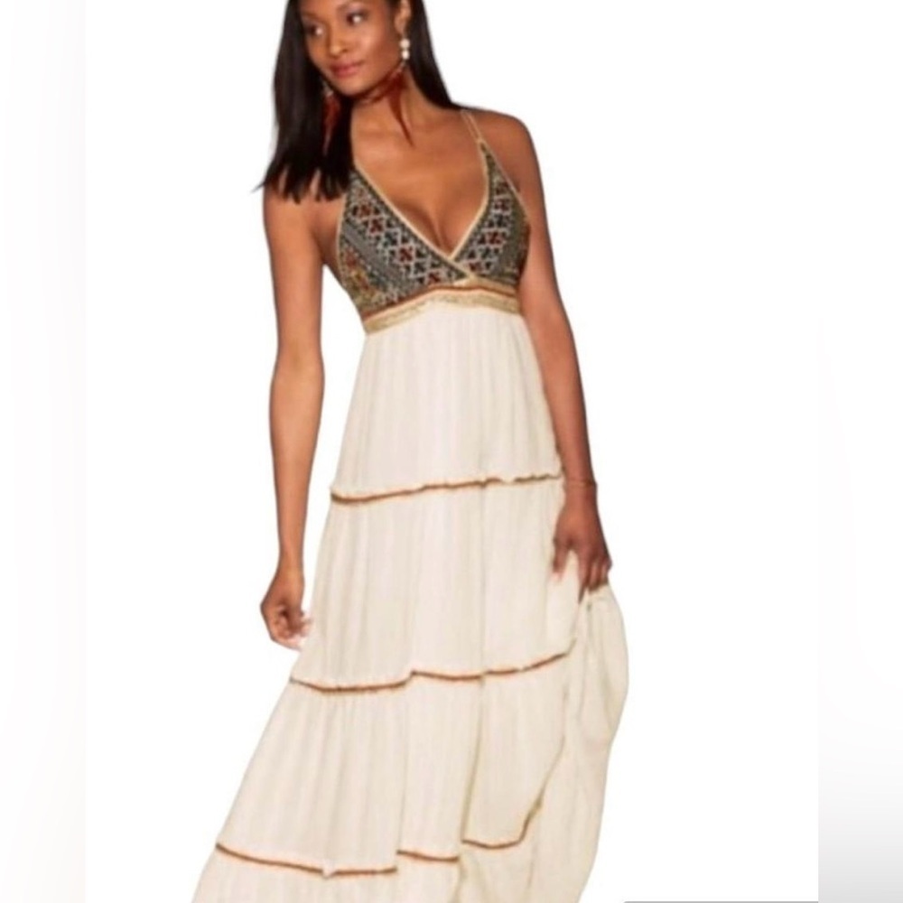 L'ATISTE Cream and Gold Maxi Dress